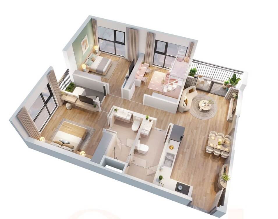 Hình 1: Mặt bằng bố trí căn hộ 3 phòng ngủ tại The Sola Park (Mẫu 1)