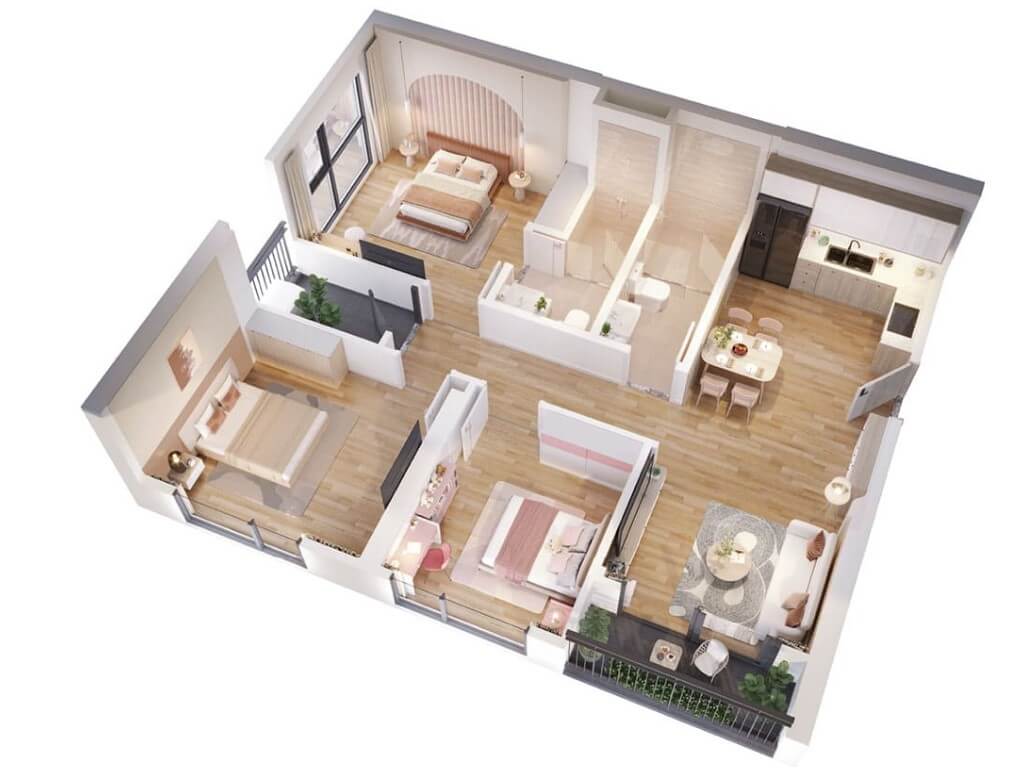 Hình 2: Mặt bằng bố trí căn hộ 3 phòng ngủ tại The Sola Park (Mẫu 2)